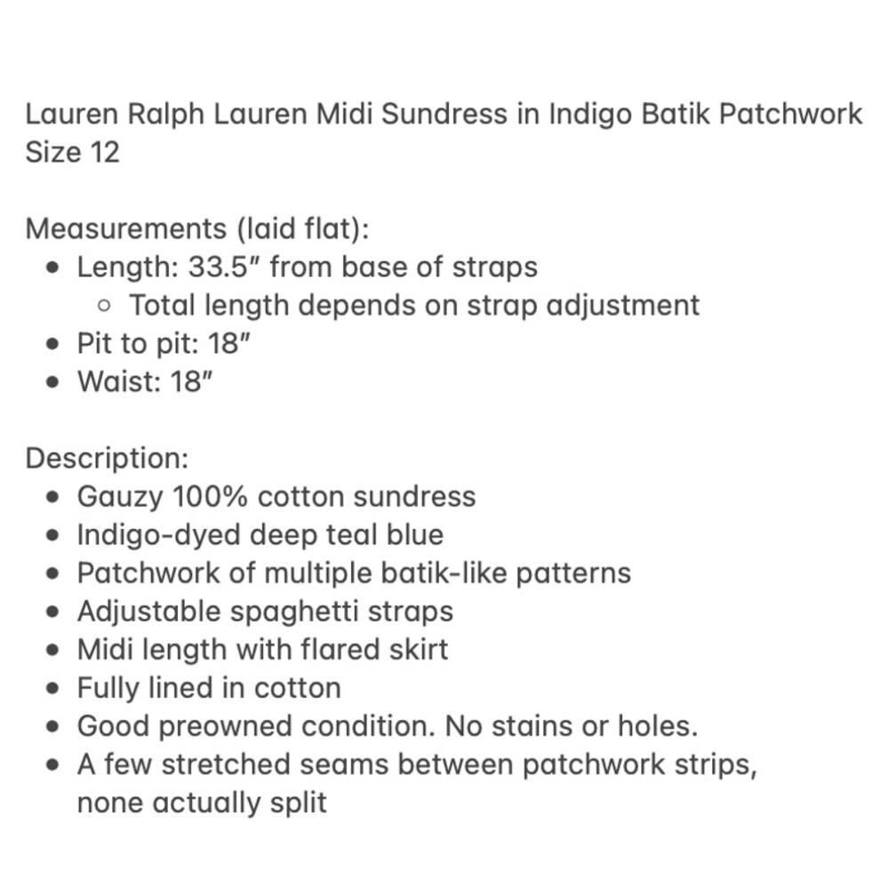 LAUREN RALPH LAUREN Midi Cotton Sundress in Indigo Blue Batik Patchwork Size 12 - Picture 3 of 10